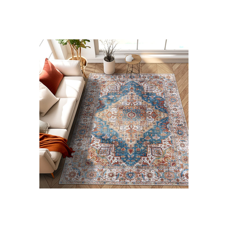 Area Rug 5X7 Vintage Bohemia Large Persian Non-Slip Washable Rug For Living Room Kitchen Bedroom Living Room Flower Design Blue/Yellow