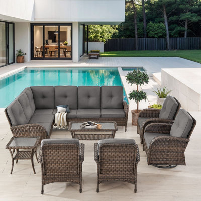 Valierius L-Shaped Outdoor Sectional Sofa Set With Swivel Chairs & High Back Patio Chairs