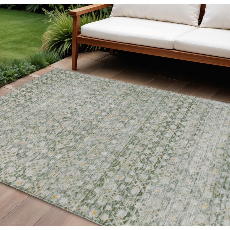 Tapis intérieur/extérieur lavable à rayures vertes et dorées de 3 m x 4,2 m