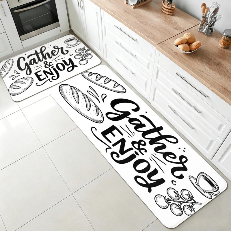 Sketch Bread Tomato Coffee Gather And Enjoy Contemporary Home Decor 2-Piece Set Kitchen Mats White Black