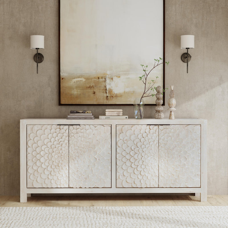 Astrid 86" Wide Pine Solid Wood Sideboard, Cream