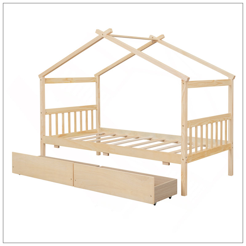 Lit en bois avec tiroirs, Naturel