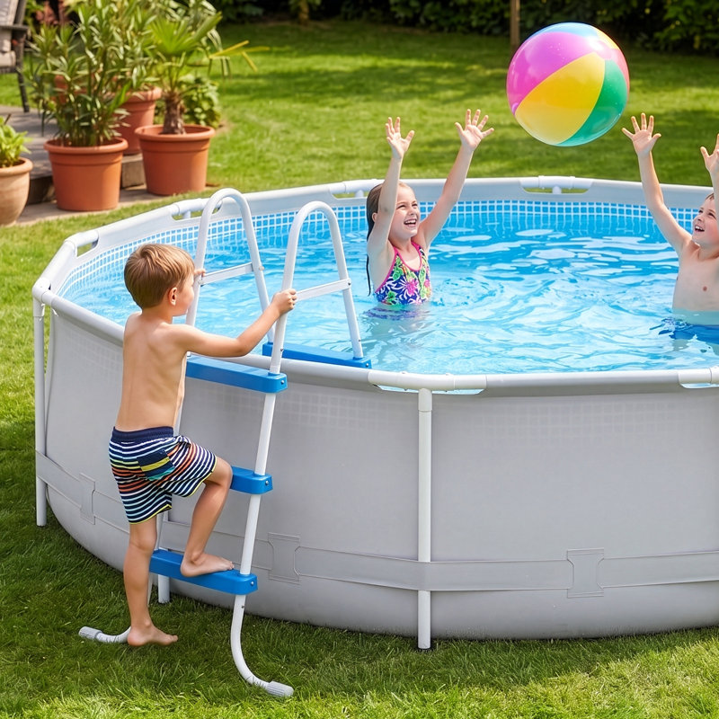 Échelle de piscine en acier à 3 marches Winado, Bleu / blanc