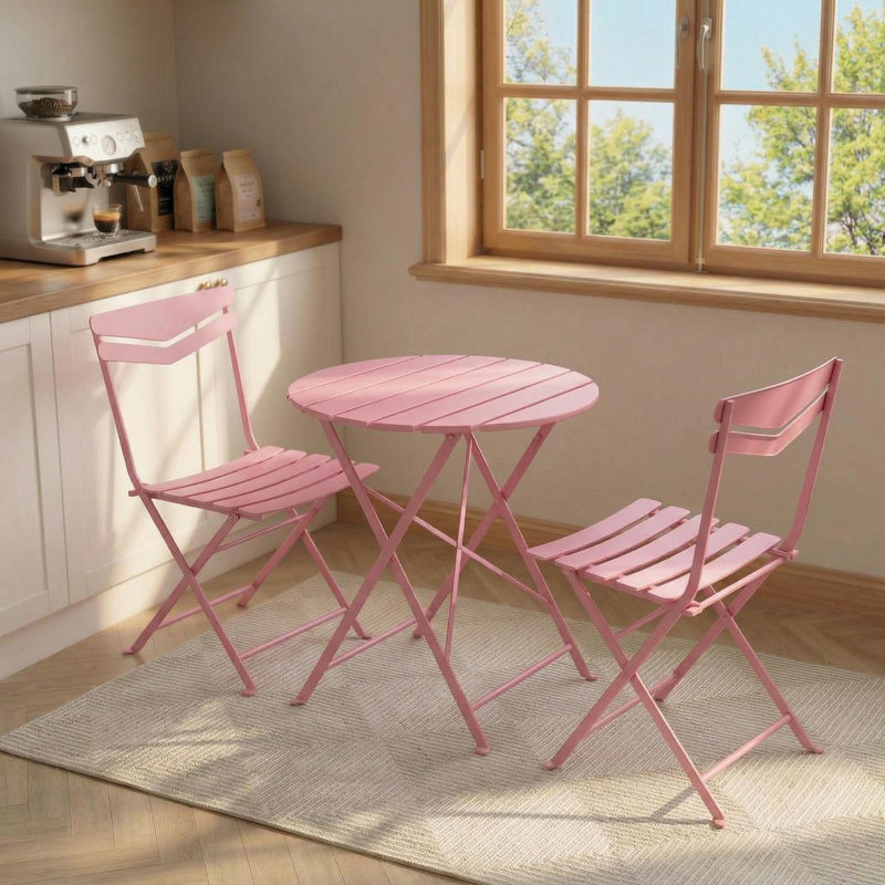 3-Piece Outdoor Metal Patio Furniture Set, Curved Back Steel Bistro Set, Pink, Pink