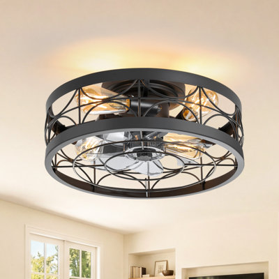 16.5" Caged Ceiling Fan with Lights and Remote, Flush Mount Farmhouse Ceiling Fan, Enclosed Ceiling Fan with Quiet Reversible DC Motor for Bedroom, Kitchen & Hallway