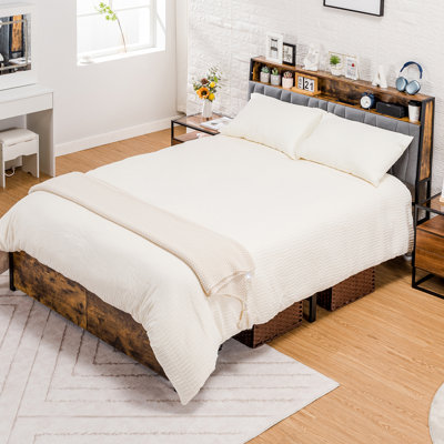 Bed Frame, Platform Bed Frame with Storage Headboard and 2 Drawers, Built in Charging Station & LED, Strong Support, No Box Spring Needed,Noise-Free