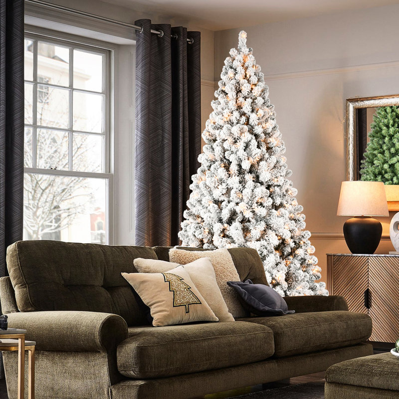 Arbre de Noël 8 pi avec finition floquée, 500 lumières blanches chaudes et une atmosphère festive, lumières pour l'humeur, 8'