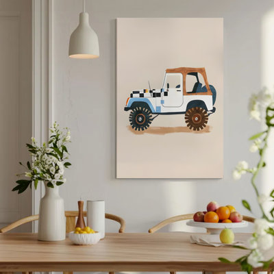 Art mural sur toile, jeep rétro avec capuche à carreaux, couleurs vives et pneus robustes, style artistique découpé en papier. Décoration murale, œuvre d'art encadrée, prête à accrocher, disponible en 16 x 24, 20 x 30, 24 x 36 pouces