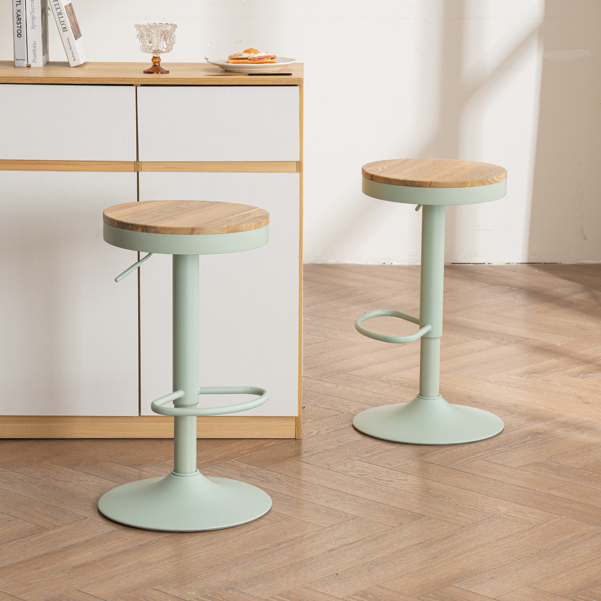 Jaina Swivel Solid Wood Adjustable Height Bar Stools, Counter Stools for Kitchen Island, Brown/Mint Green, 2