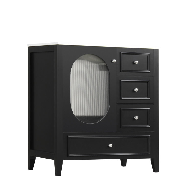 Meuble-lavabo 30 po avec lavabo, meuble-lavabo avec trois tiroirs et porte, bois massif et panneau de fibres à densité moyenne
