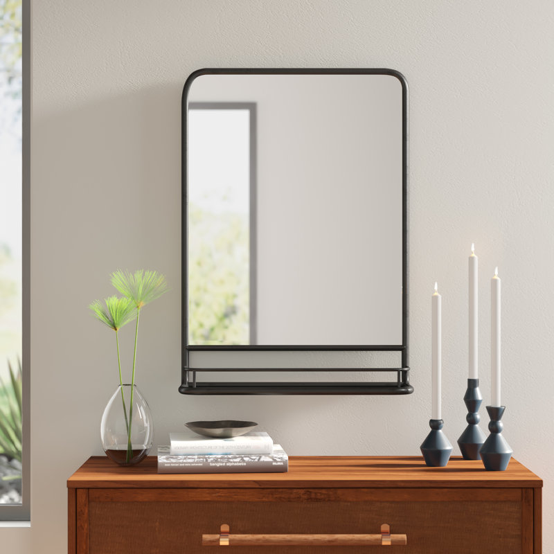 Metal Flat Wall Mirror with Shelves, Black, 69.85cm H x 49.53cm W