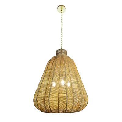 Rustic Twisted Rope Pendant Light with Gold Chain – Handcrafted Boho Hanging Ceiling Fixture for Dining Room, Living Room, Bedroom, or Kitchen – Natural Rattan Woven Rope Design, E26 Bulb Compatible (16"/24")