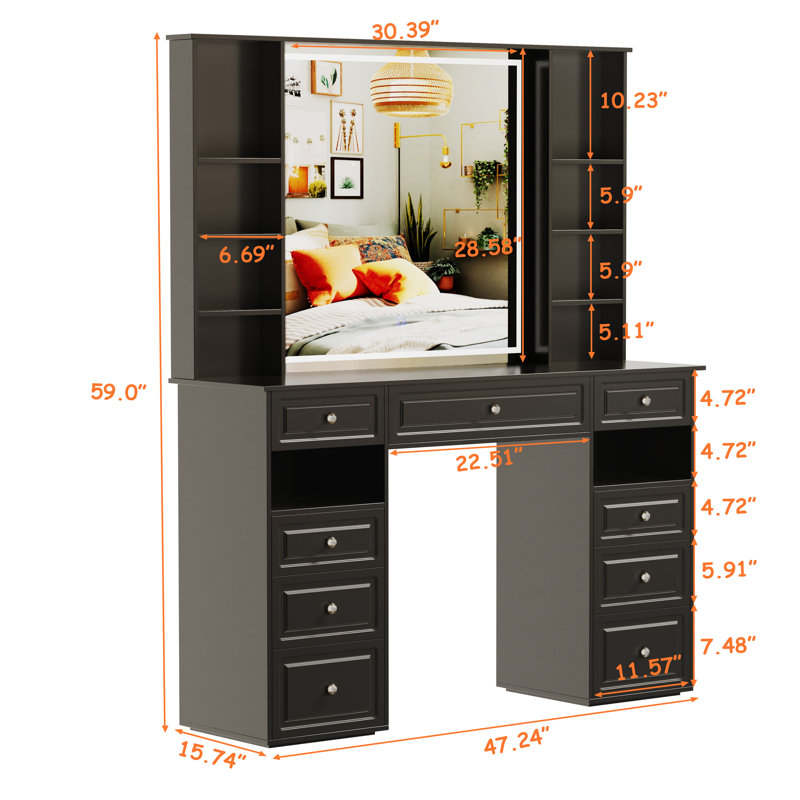 Ensemble de meuble-lavabo moderne avec miroir lumineux, très grande coiffeuse à miroir avec 9 tiroirs, meuble-lavabo de style européen, poignées boule de cristal, bureau de maquillage noir (noir)