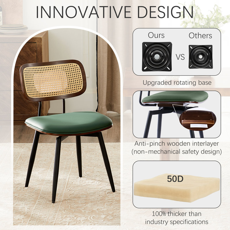 Modern Swivel Leather Dining Chairs With Rattan Back, Green, 2