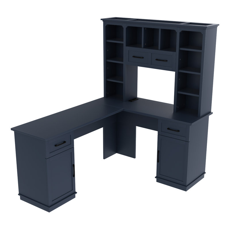 65" Large Computer Desk L-Shaped Desk With Bookshelf For Home Office, Antique Blue