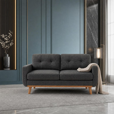 Two Seat Tufted Fabric Loveseat with Solid Wood Legs