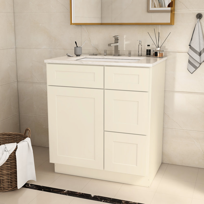 Meuble-lavabo de salle de bain en contreplaqué blanc antique, l 30 po x P 21 po, H 34,5 po, porte droite, fabrication, revêtement H pour meuble-lavabo