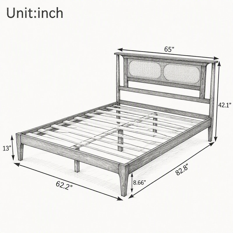 Bois de pin, lit en bois massif avec tête de lit en rotin, renforcé par des pieds en bois de soutien, Queen, Walnut