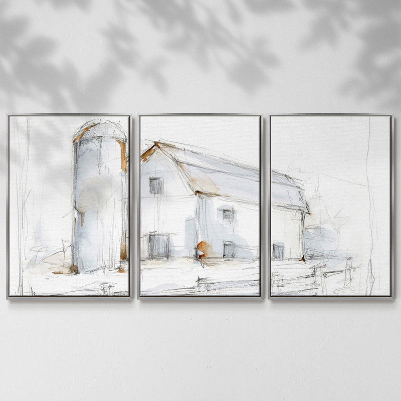 Barnyard, croquis au crayon II, 3 pièces, H 24 po x l 48 po x P 2 po, Argent