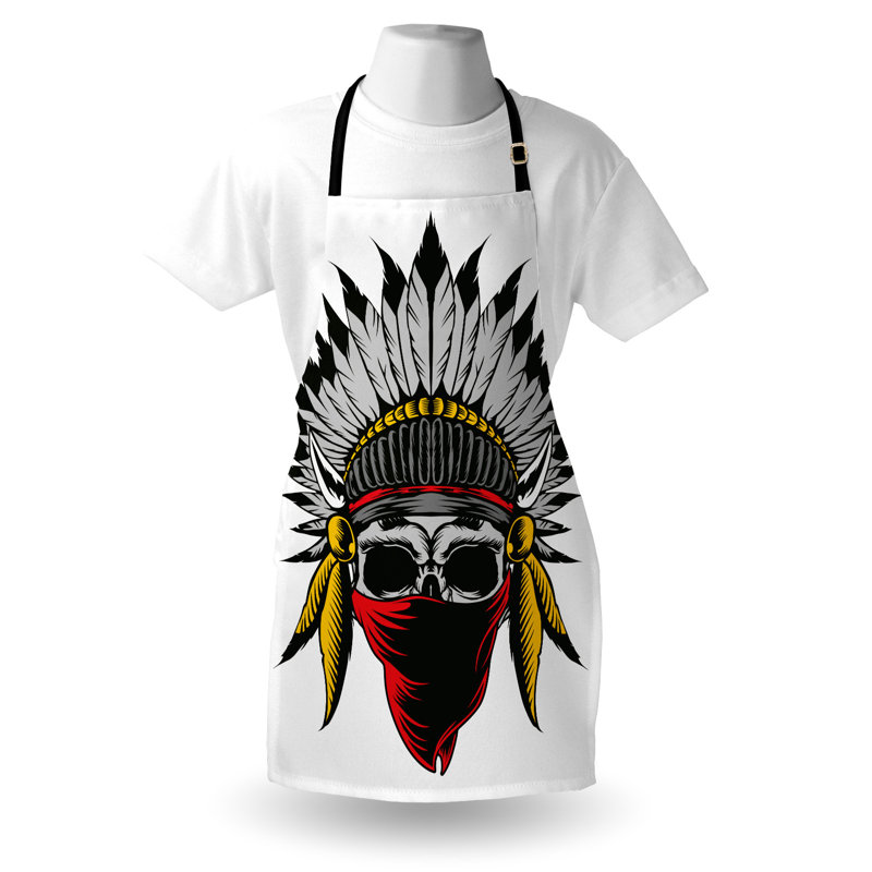 Tablier East Urban Home Skull unisexe, crâne avec voile de plumes, taille adulte, rouge, gris, jaune