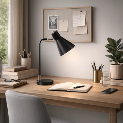 Fonzy Desk Lamp With Cone Shaped Metal Shade, Black Silver Metal