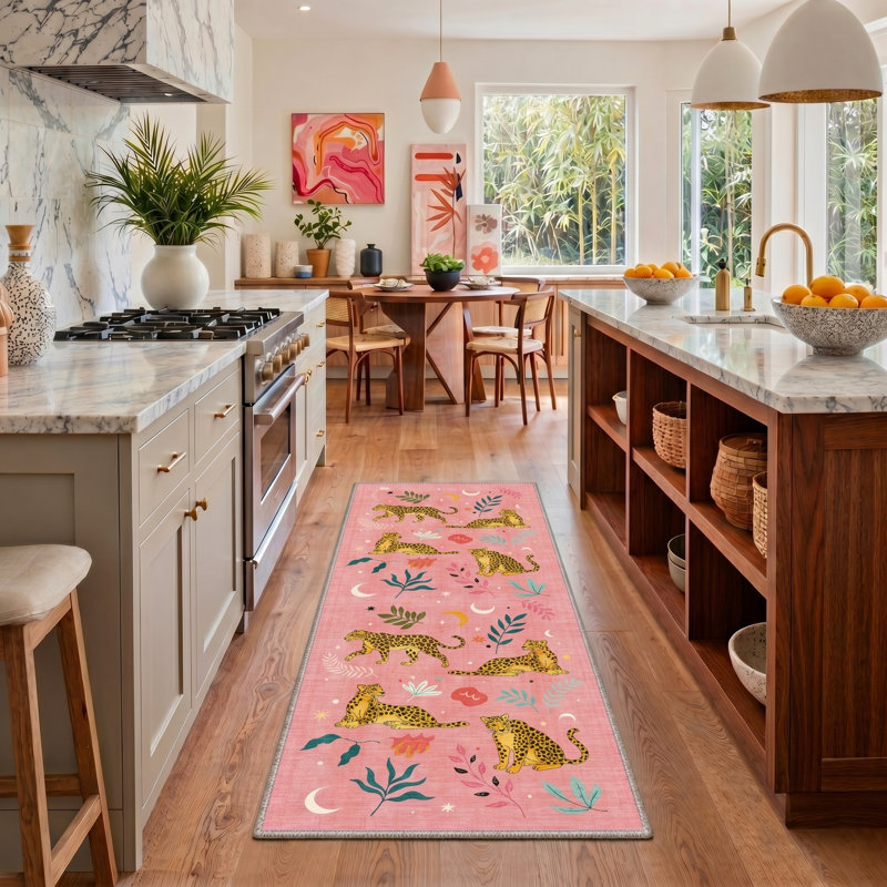 Abraham Spottedia Animal Print Machine Washable Pink / Yellow Indoor Area Rug with Non-Slip Backing, Runner 2' x 6'