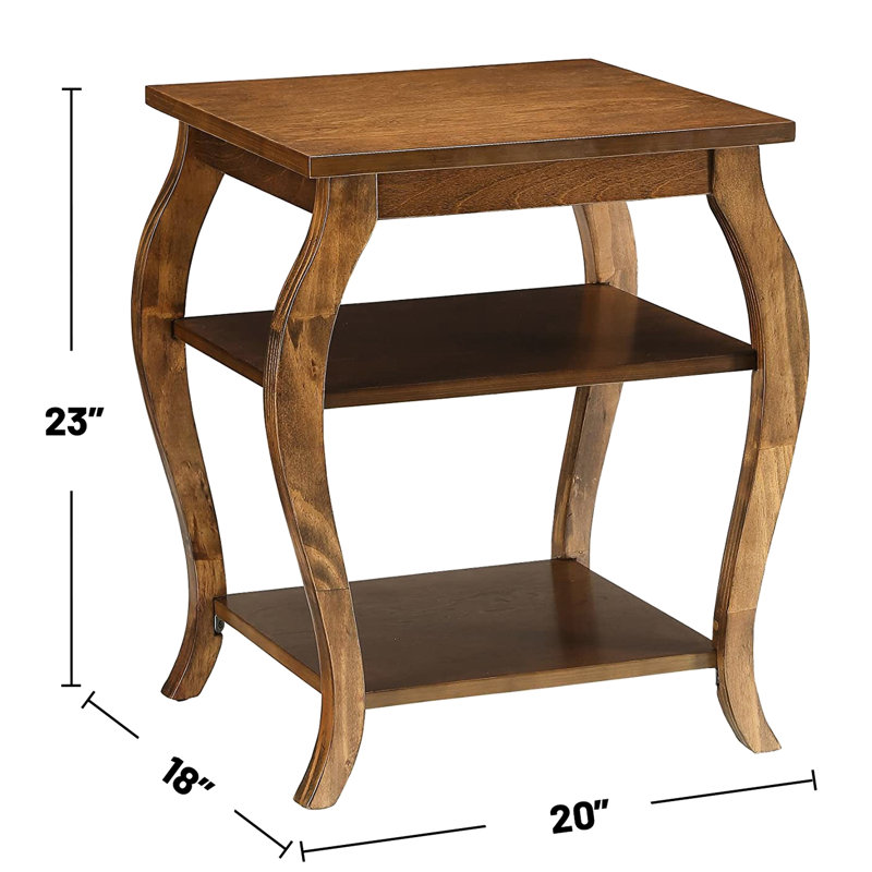 Table de bout carrée en noyer, 2 tablettes, pieds en bois, espace de rangement ouvert, espace de vie principal, profondeur de 18 po, largeur de 23 po