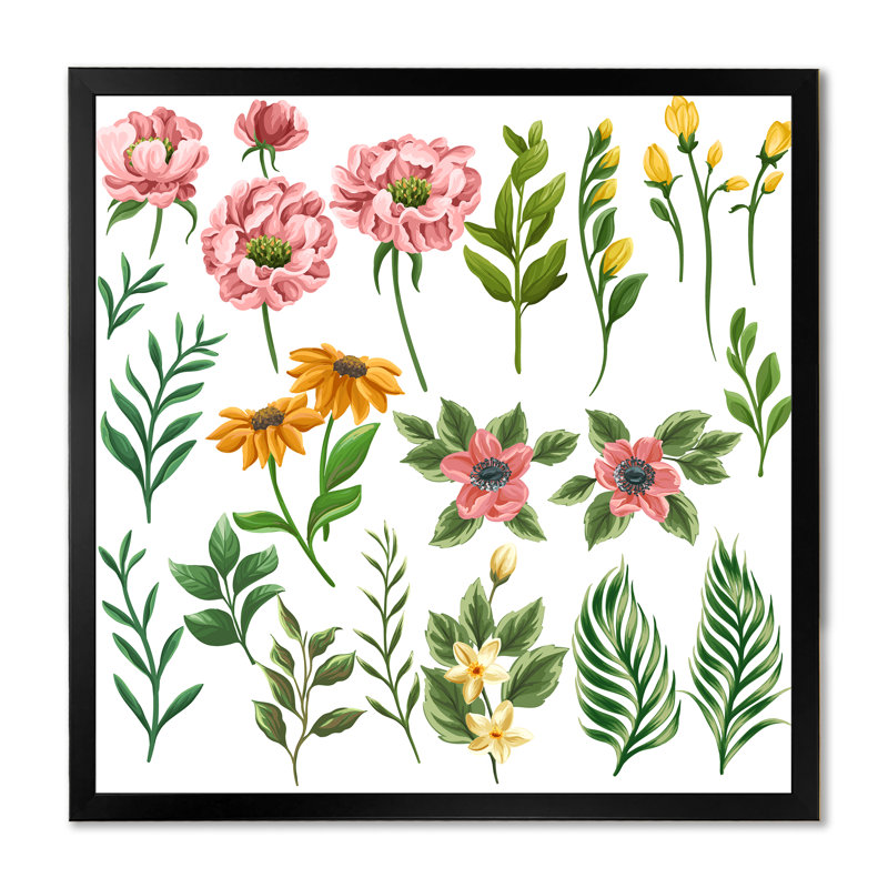 Éléments floraux verts et roses - On, Impression noire sur toile encadrée, H 16 po x l 16 po x P 1 po