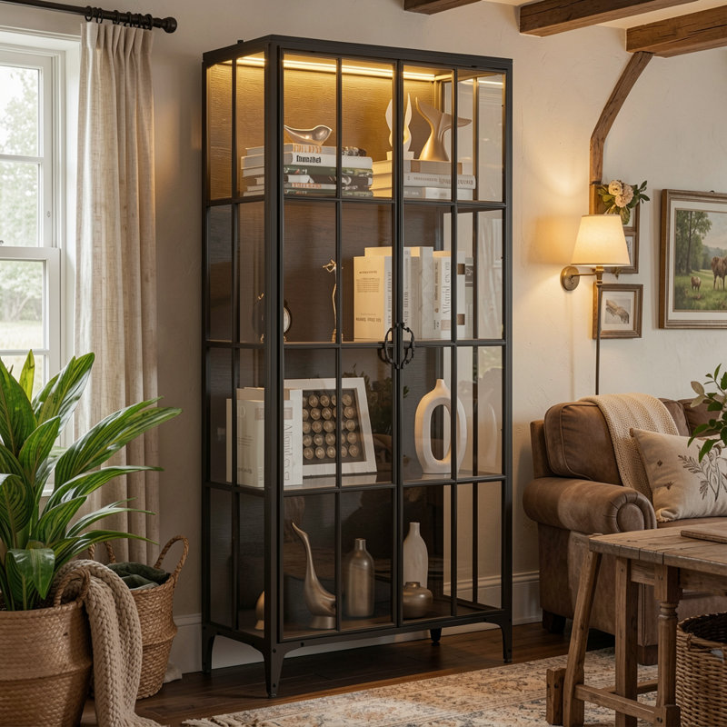 70.9" H Black Glass Display Cabinet With LED Lighting