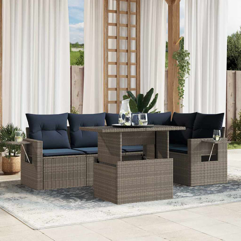  Ensemble de canapé de patio 6 pièces avec coussins en rotin de polyester gris, Gris, Marine