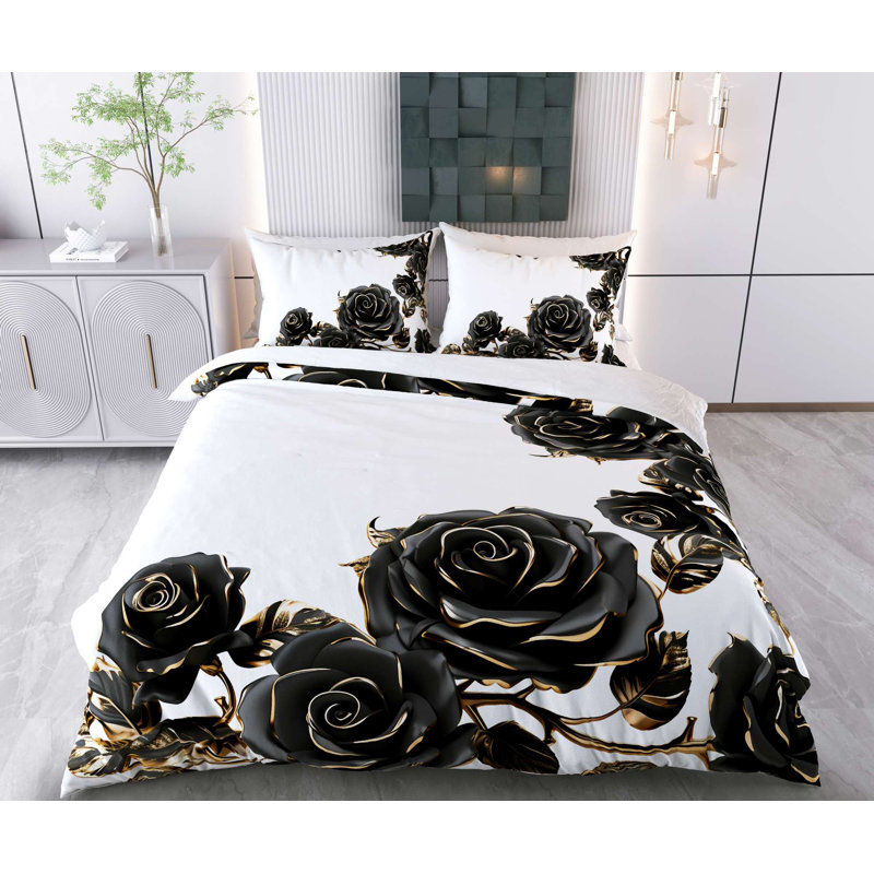 Ensemble de housse de couette, Housse de couette pour très grand lit et 2 taies , Floral noir / blanc