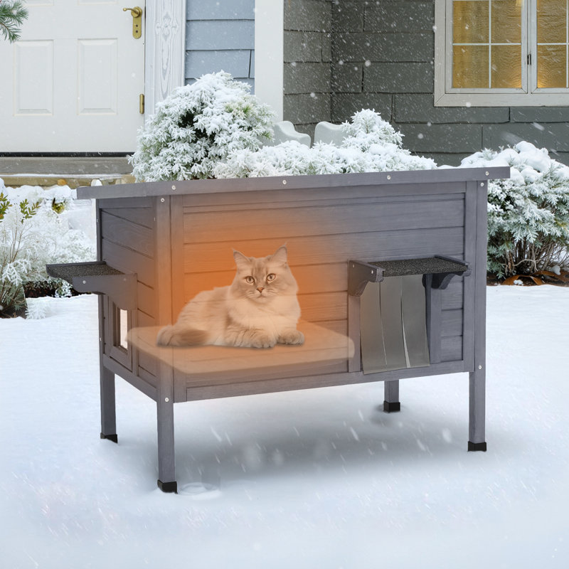 Cages pour chat d'extérieur en bois chauffées avec coussin chauffant, Gris