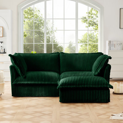 Slipcovered Sectional 2 Seater Sofa Couch with Convertible Ottoman, Wide and Deep Seat L Shaped Sofa with Detachable Cover and Soft Multiple Big Pillows,Green Corduroy Fabric