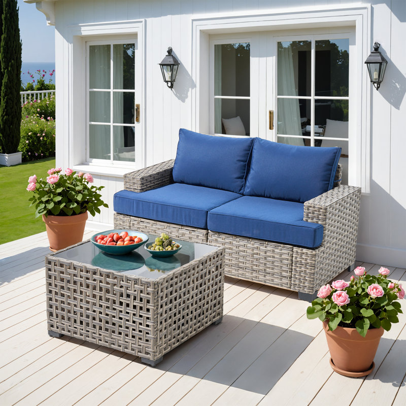 Wahkon 3 - Piece Outdoor Patio Sofa Wicker Modular Sectional Set With Lighted Coffee Table and Cushions, Navy
