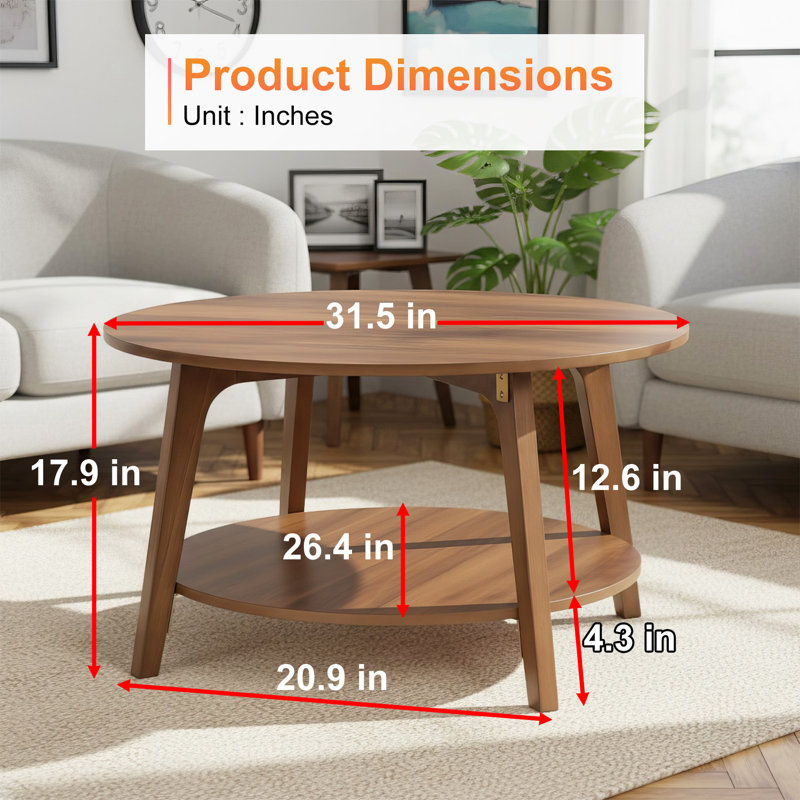 Round Coffee Table With Storage Small Space Wooden Coffee Table 2-Tier Center Table With Tapered Legs And Curved Transitions For Home Office Living Room Bed Room