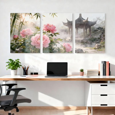 Ensemble de 3 tableaux sur toile tendue représentant des pivoines, un jardin de bambous et une pagode.