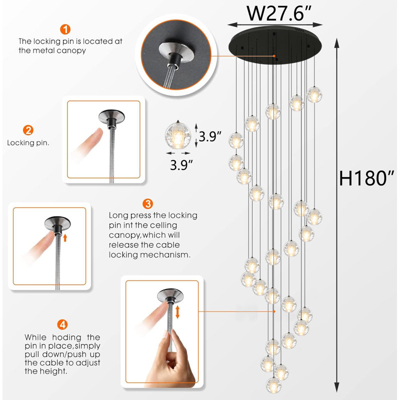 Lustre moderne 20 lumières noir cristal, Noir, 180" H X 27.6" W X 27.6" D
