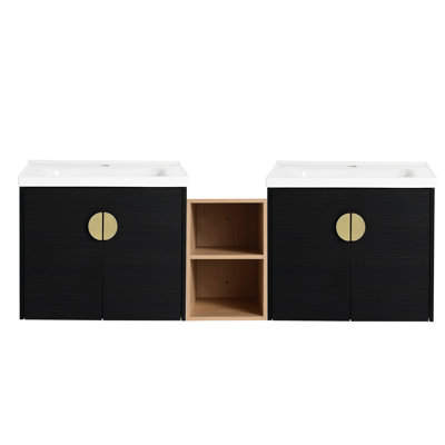 Meuble-lavabo 60 po avec tiroirs à fermeture en douceur et lavabo - Tablettes de rangement modernes en châtaignier noir