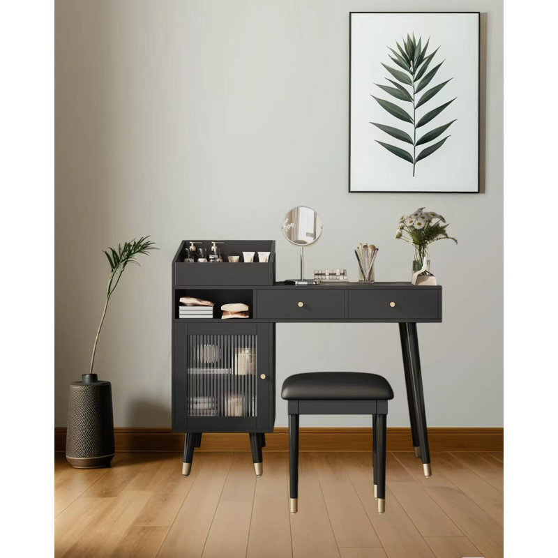 Modern Makeup Vanity Desk With Drawers, Cabinet & Charging Port, Space-saving Dressing Table Set With Stool For Small Places