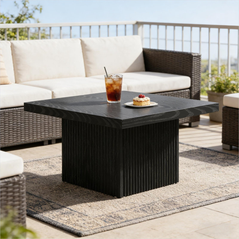 Table basse carrée en bois d'ingénierie noir mat avec base en bloc Mid-Century, 31,5 pouces, pour le salon