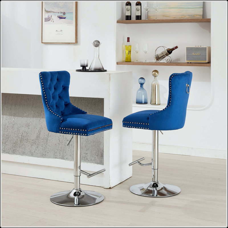 Tabouret de bar réglable en velours pivotant - Base chromée, Bleu