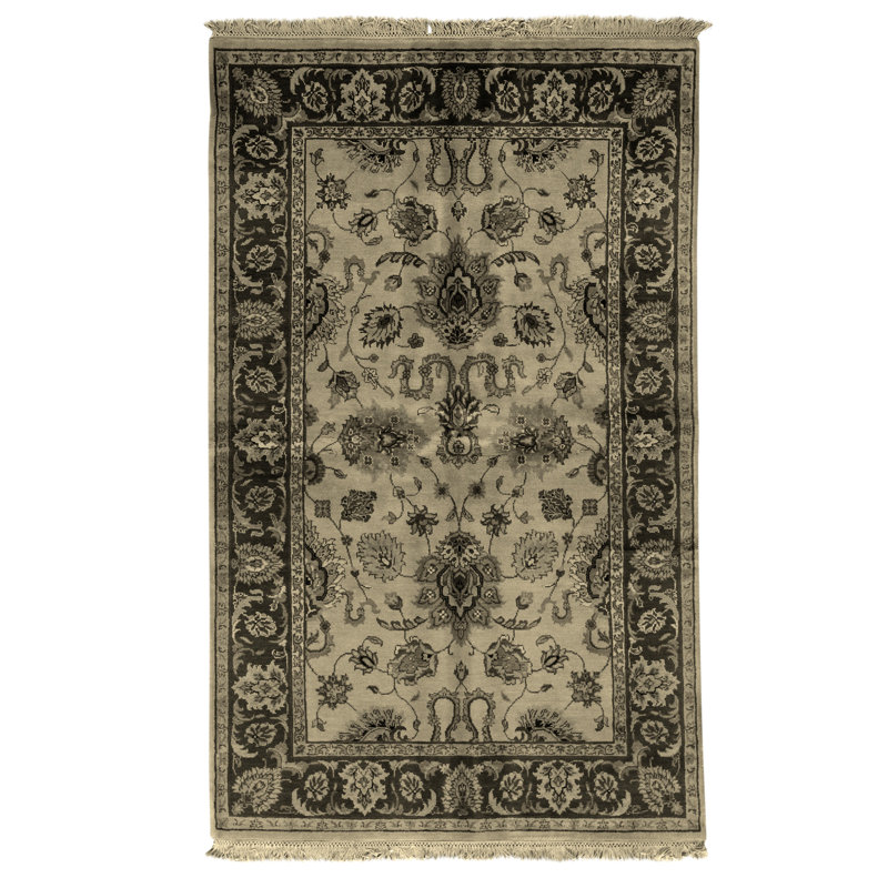 Tapis crème et olive noué à la main de haute qualité