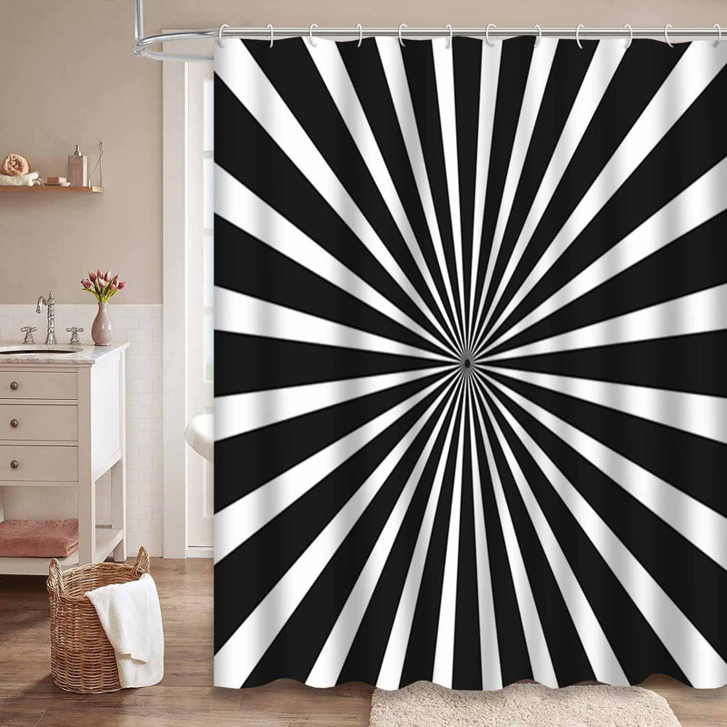 Black Style Stripes Sunburst White Shower Curtain with 12 Hooks, 72" L x 84" W