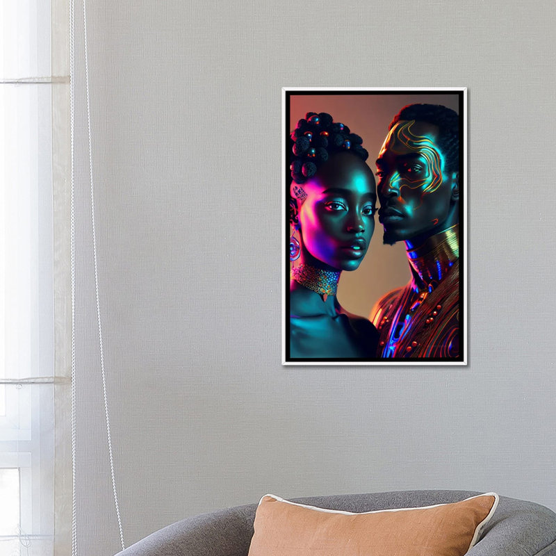Afrofuturist African Royalty Queen And King II, White Floater Framed Canvas, 26" H x 18" W x 1.5" D