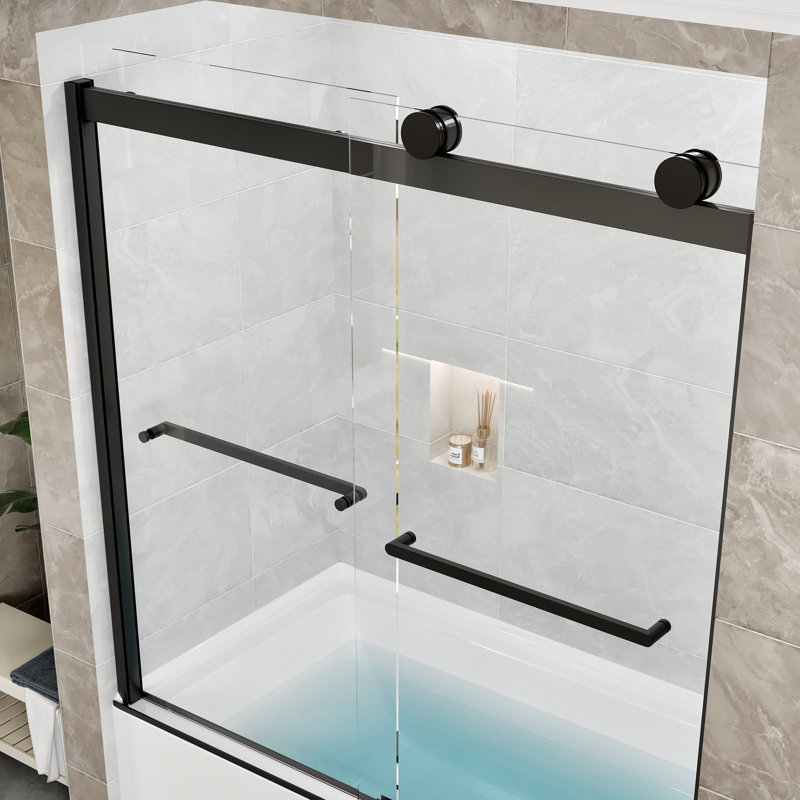 Eviva Luxor 60 po X P 60 po H Porte de douche coulissante sans cadre avec verre trempé H, Noir mat