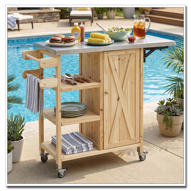 Foldable Outdoor Kitchen Island Patio Kitchen Island Outdoor Kitchen Cart Portable Prep Station with Lockable Wheels, Natural