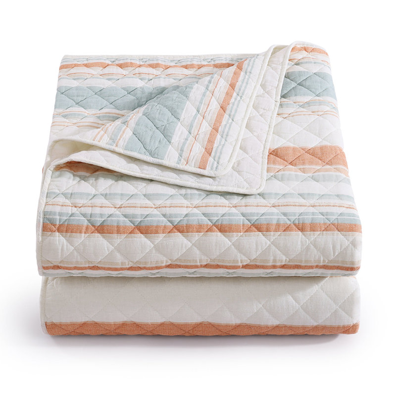 Mystic Stripe Cotton Gauze Shabby Elegance Casual Modern Rustic Lightweight Quilt Set with Pillow Shams, Orange