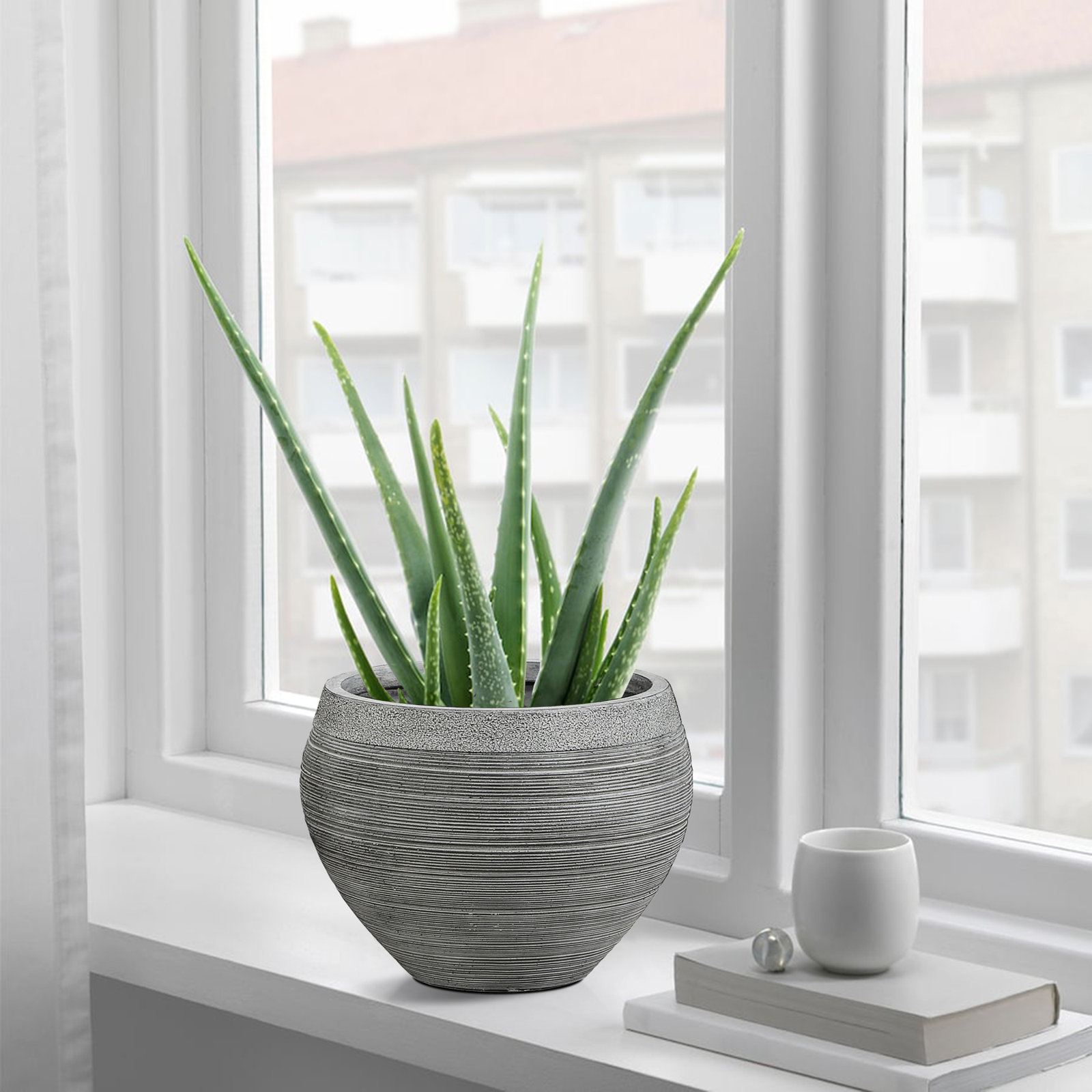 Round Ribbed Magnesium Oxide Pot Planter with Drainage Hole, Gray, 9" H x 11.75" W x 11.75" D