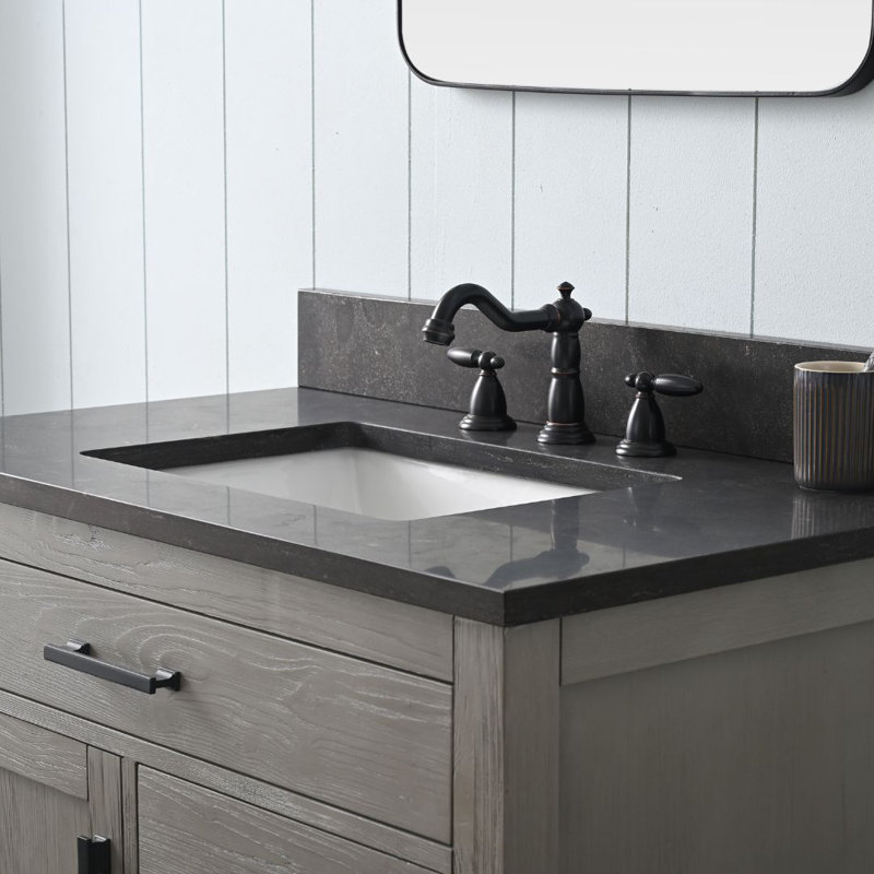 Ensemble de meuble-lavabo simple 36 po Ajiya, Gris texturé / noir mat, Calcaire bleu