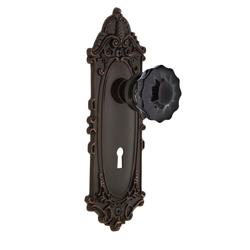 Victorian Plate with Decorative Keyhole and Crystal Black Door Knob, Timeless Bronze